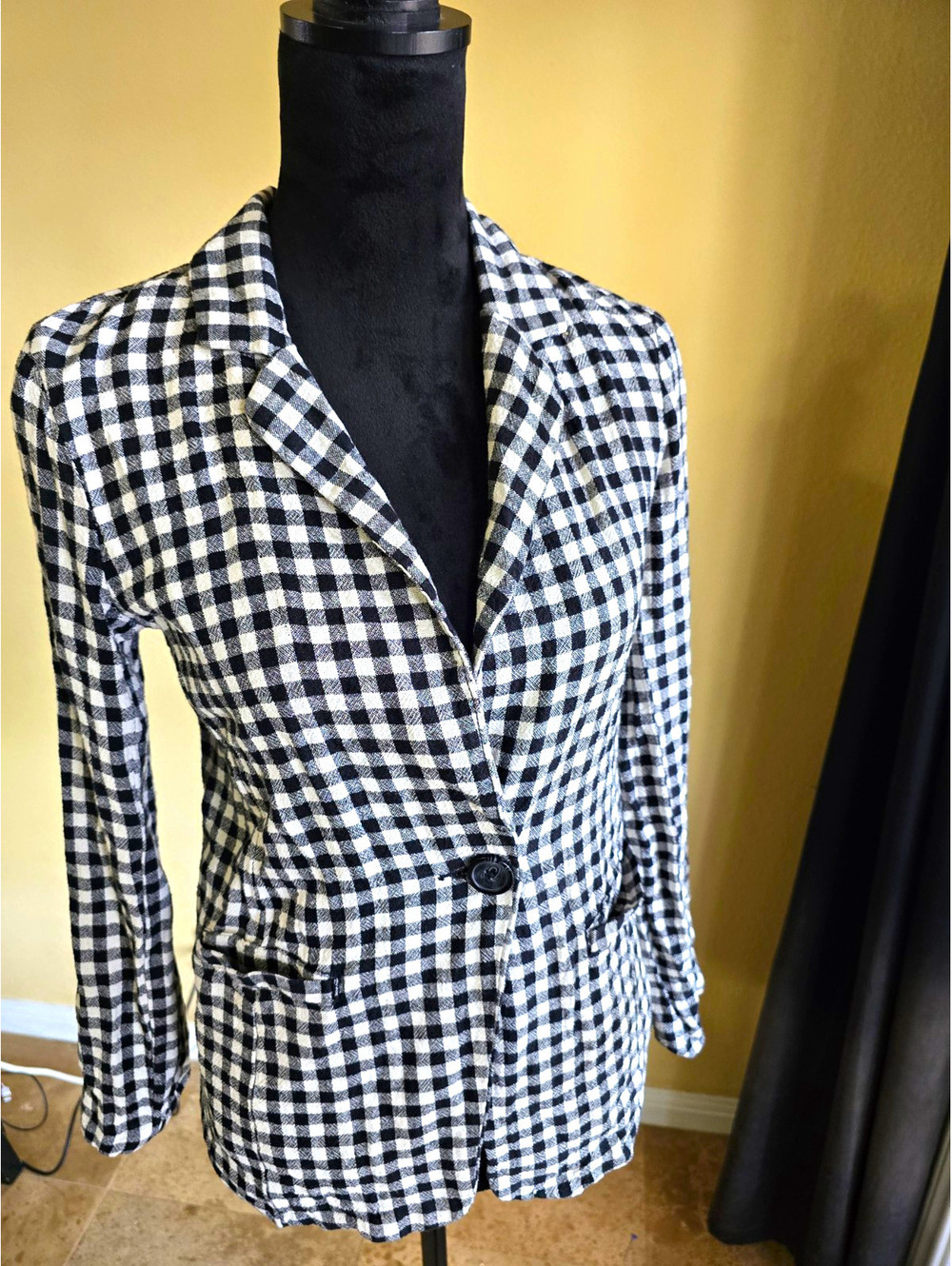 NWOT Sanctuary Women's Black Check Linen One-Button Jacket Blazer Size XS